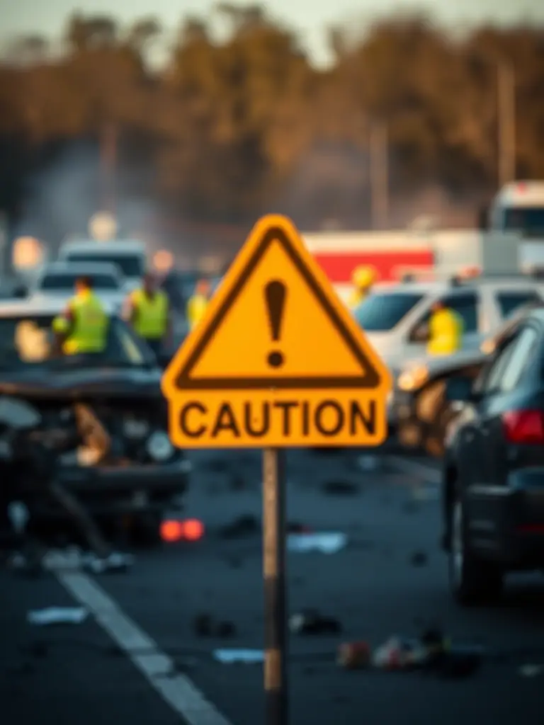 A blurred image of a car accident scene with a focus on a 'Caution' sign, representing personal injury cases. The image should evoke a sense of urgency and the need for legal assistance.