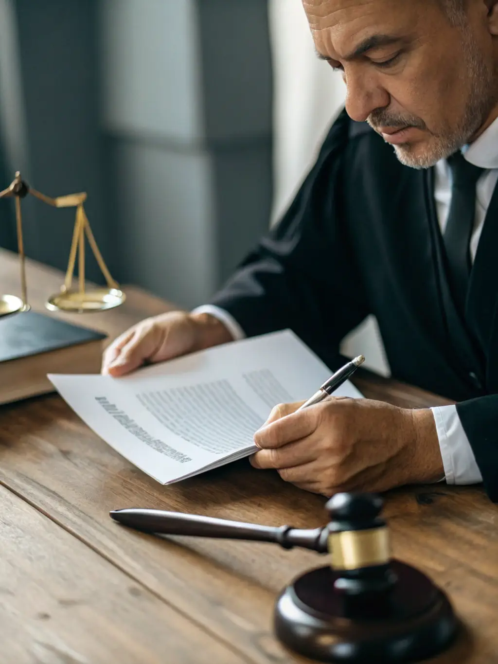 A close-up of a lawyer's hands reviewing legal documents, emphasizing attention to detail and thorough preparation. The image should convey competence and diligence.