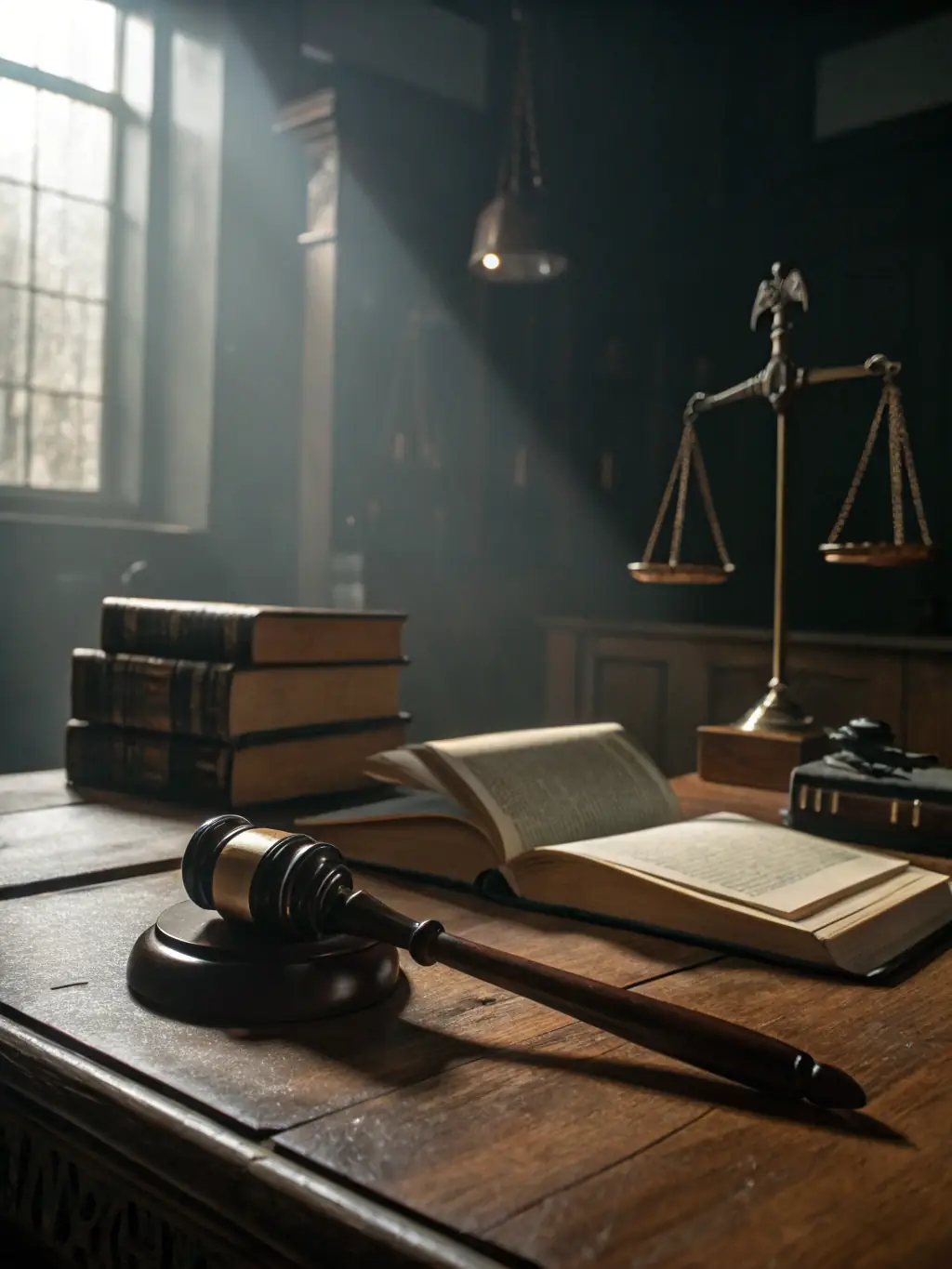 A gavel resting on a stack of law books in a dimly lit courtroom, symbolizing criminal law expertise. The image should convey seriousness and authority.